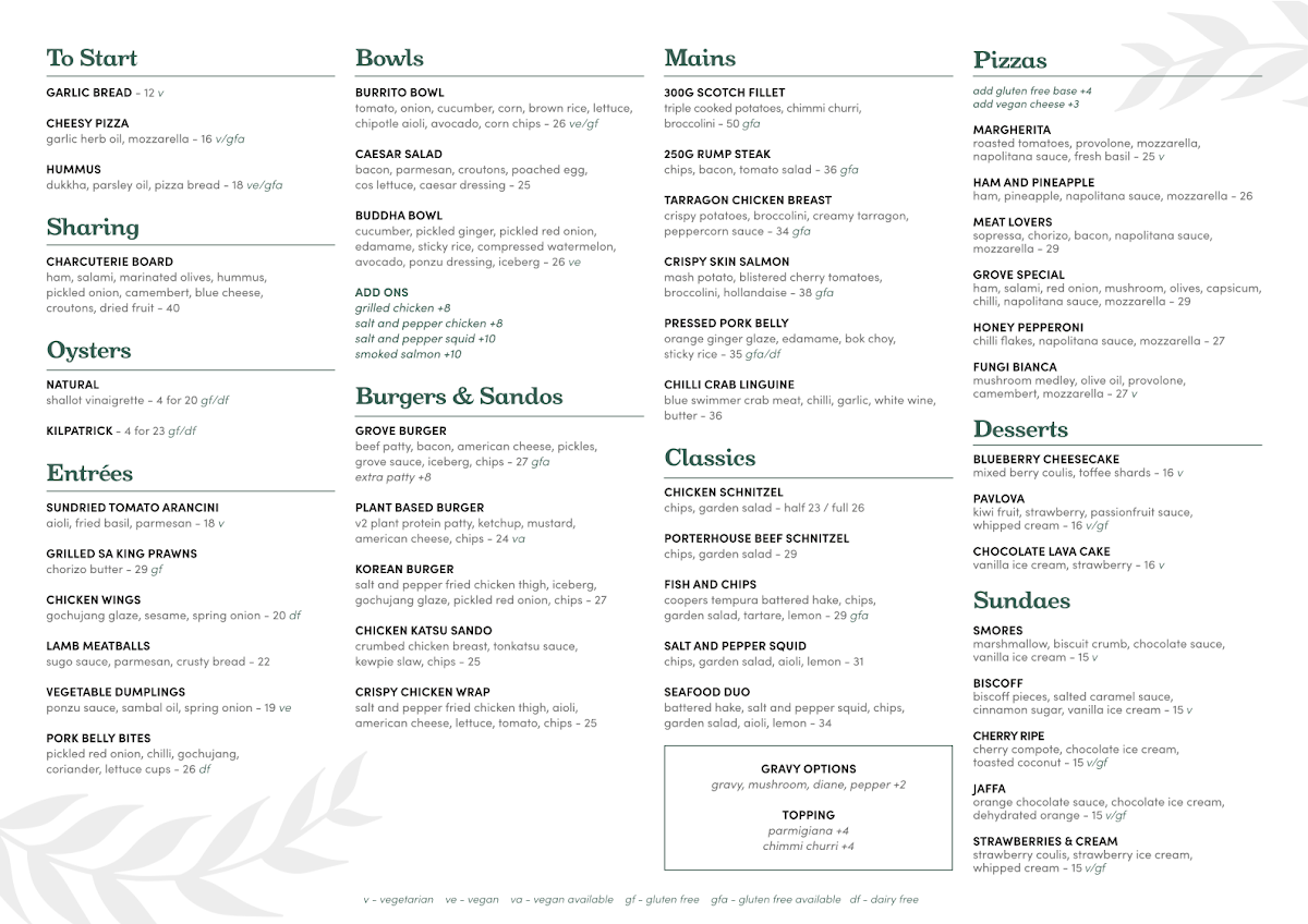 Menu, The Grove