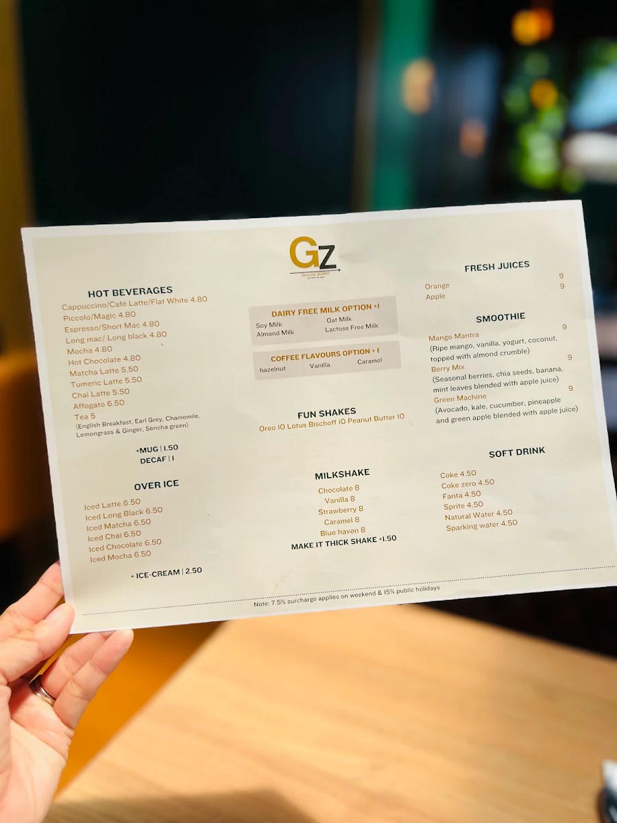Menu, Ground zerro cafe and bar