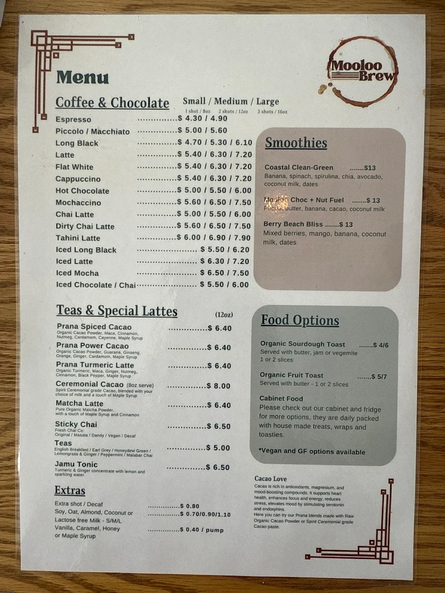 Menu, Mooloo Brew