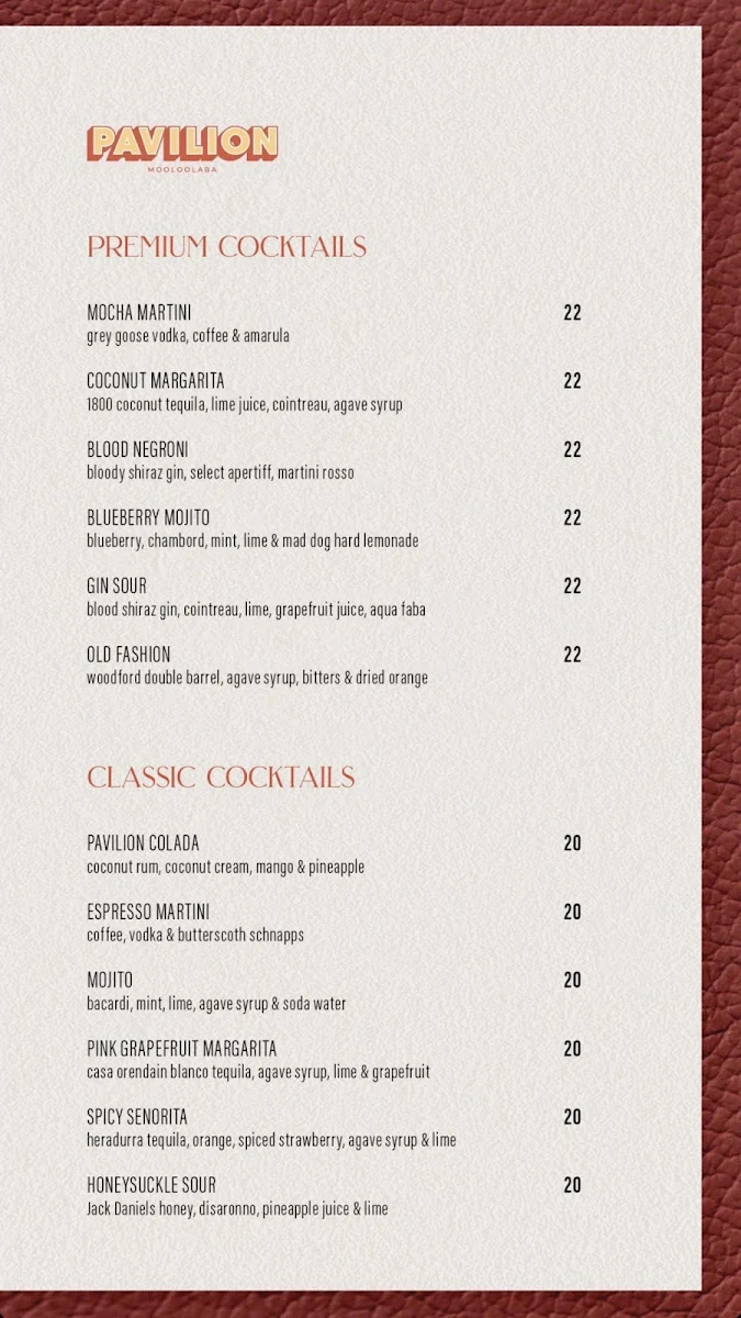 Menu, Pavilion Mooloolaba