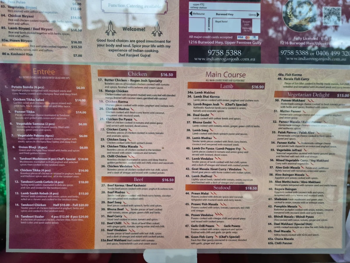 Menu, Indian Rogan Josh - Ferntree Gully