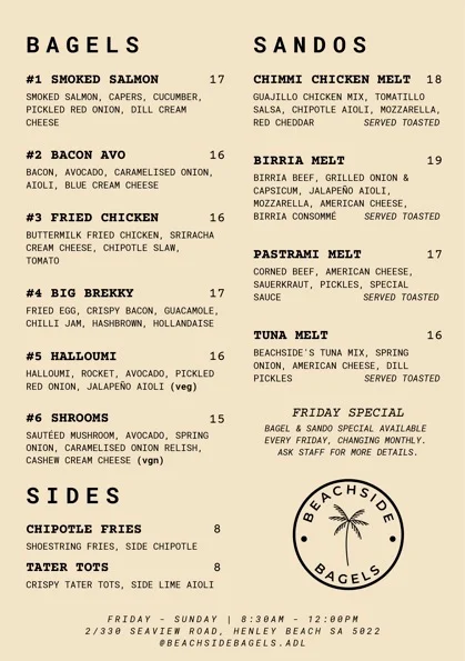 Menu, Beachside Bagels - Henley Beach