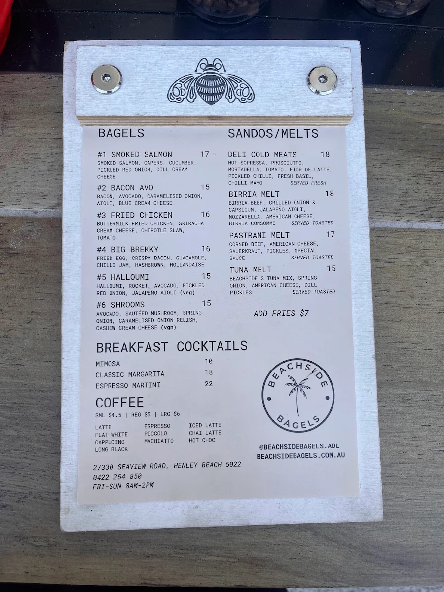 Menu, Beachside Bagels - Henley Beach