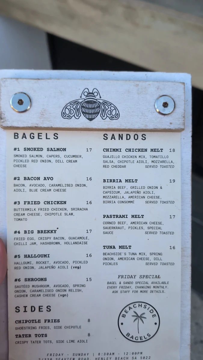 Menu, Beachside Bagels - Henley Beach