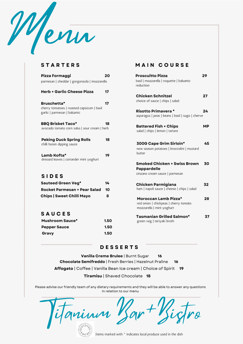 Menu, Titanium Bar & Bistro