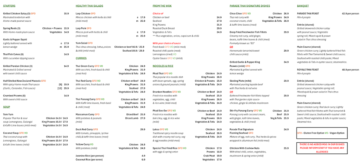 Menu, Parade Thai Restaurant