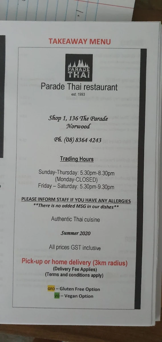 Menu, Parade Thai Restaurant