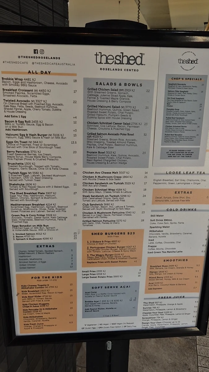 Menu, The Shed Cafe - Roselands
