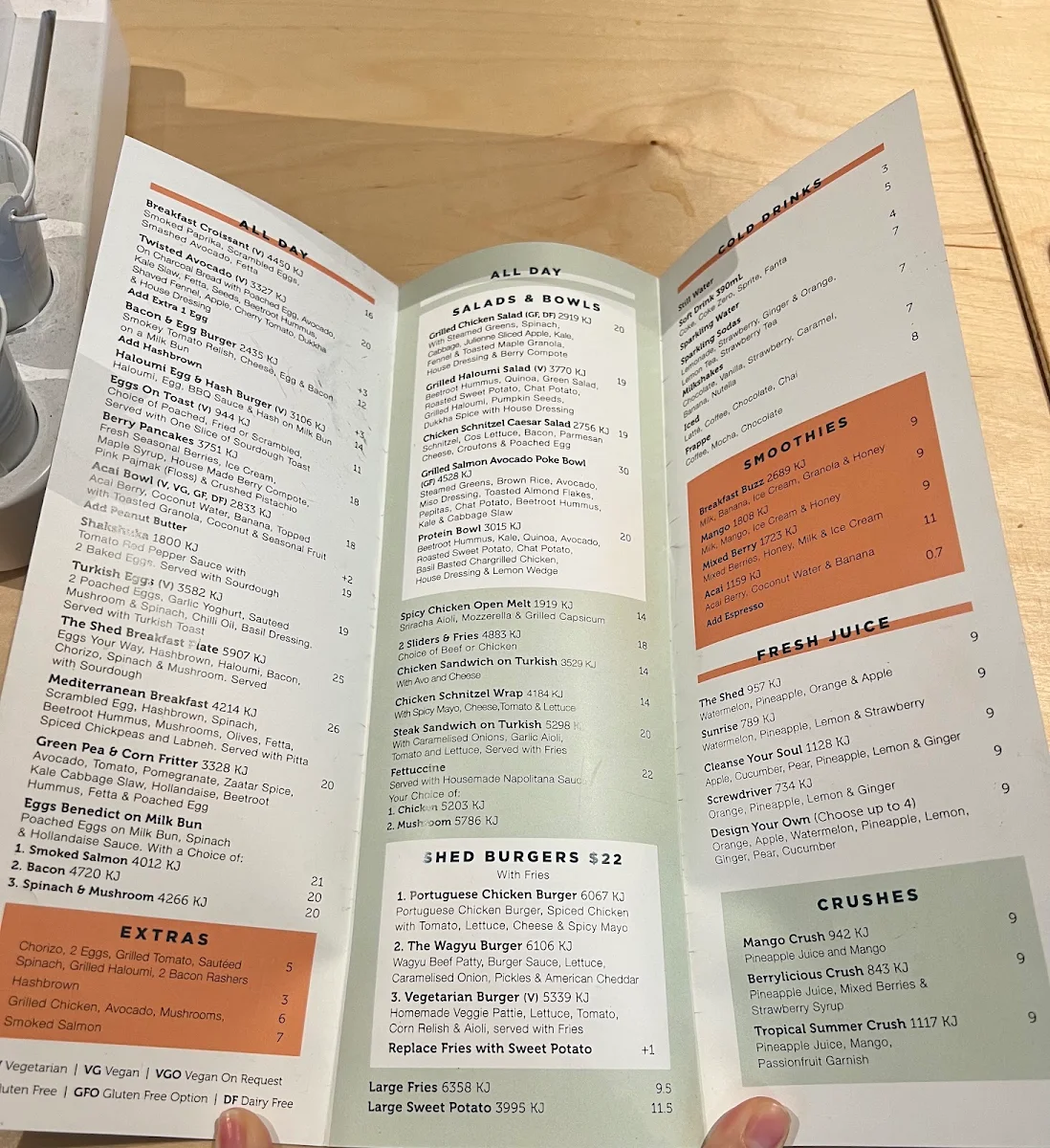 Menu, The Shed Cafe - Roselands
