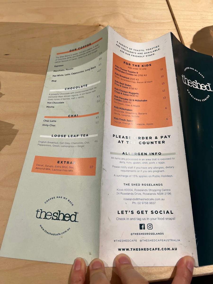 Menu, The Shed Cafe - Roselands