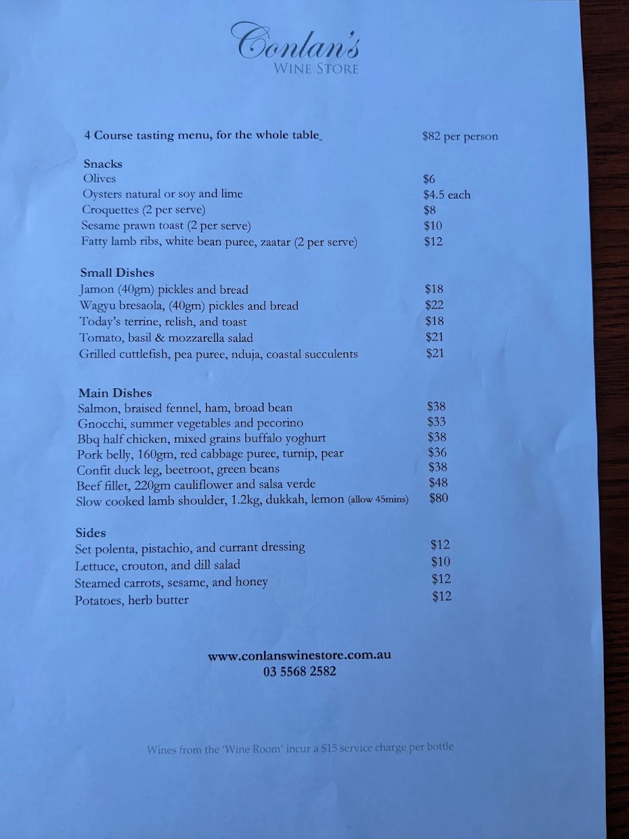 Menu, Conlan's Wine Store