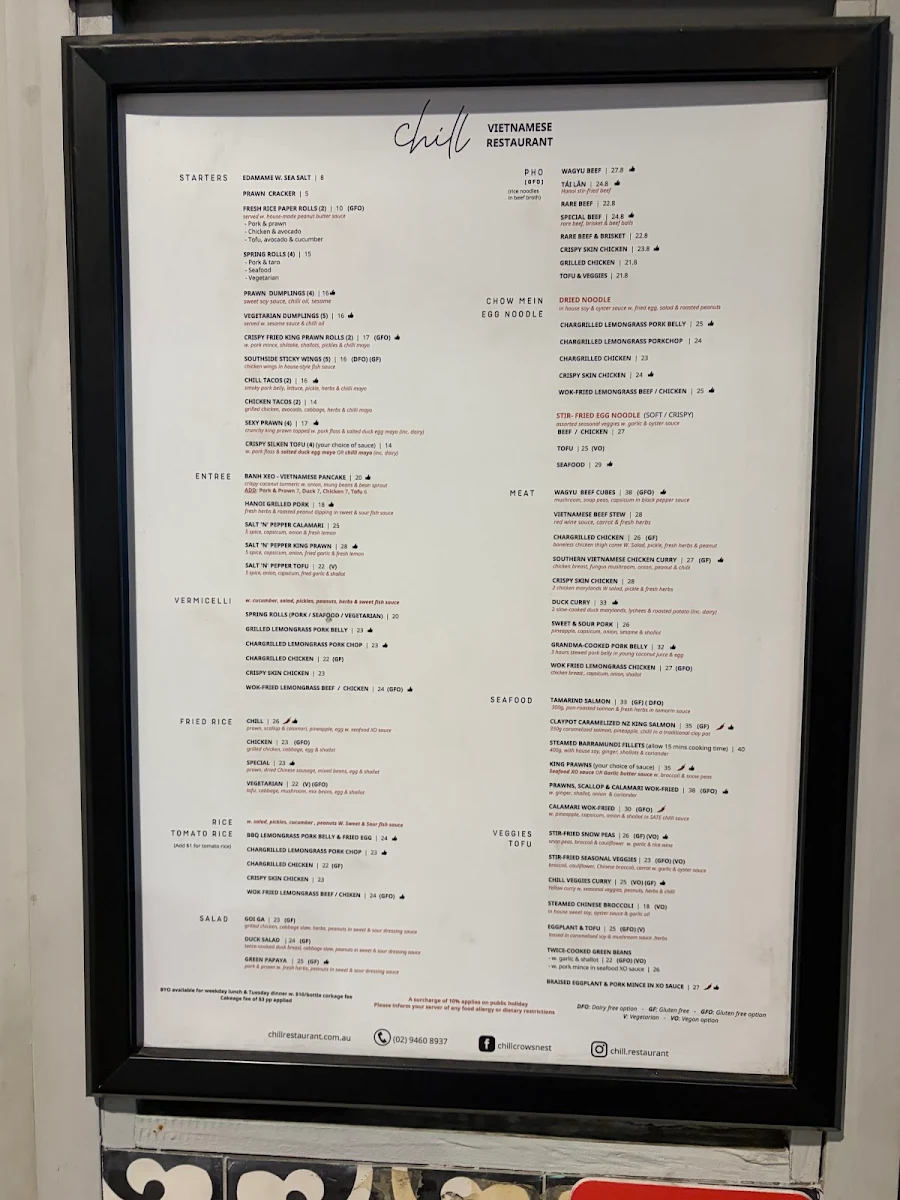 Menu, Chill Restaurant Crows Nest
