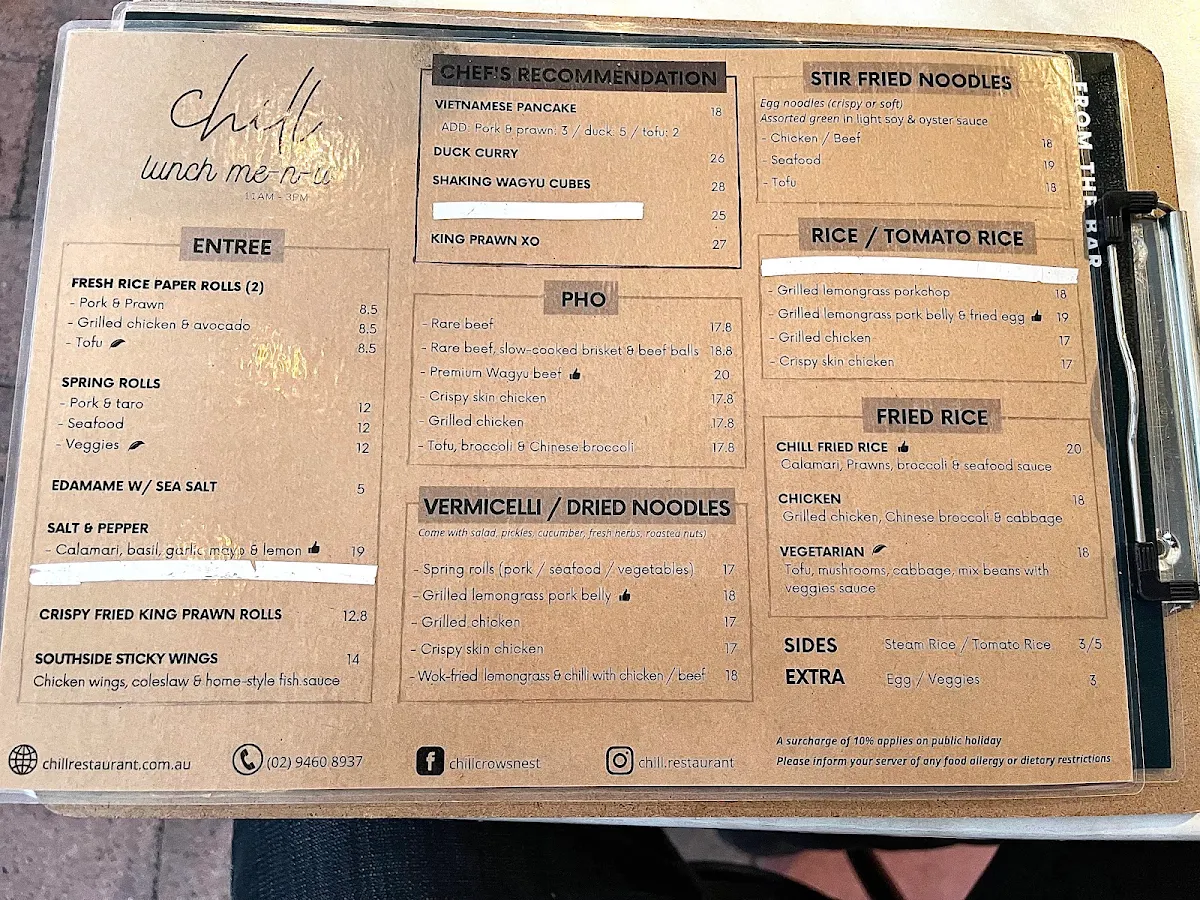 Menu, Chill Restaurant Crows Nest