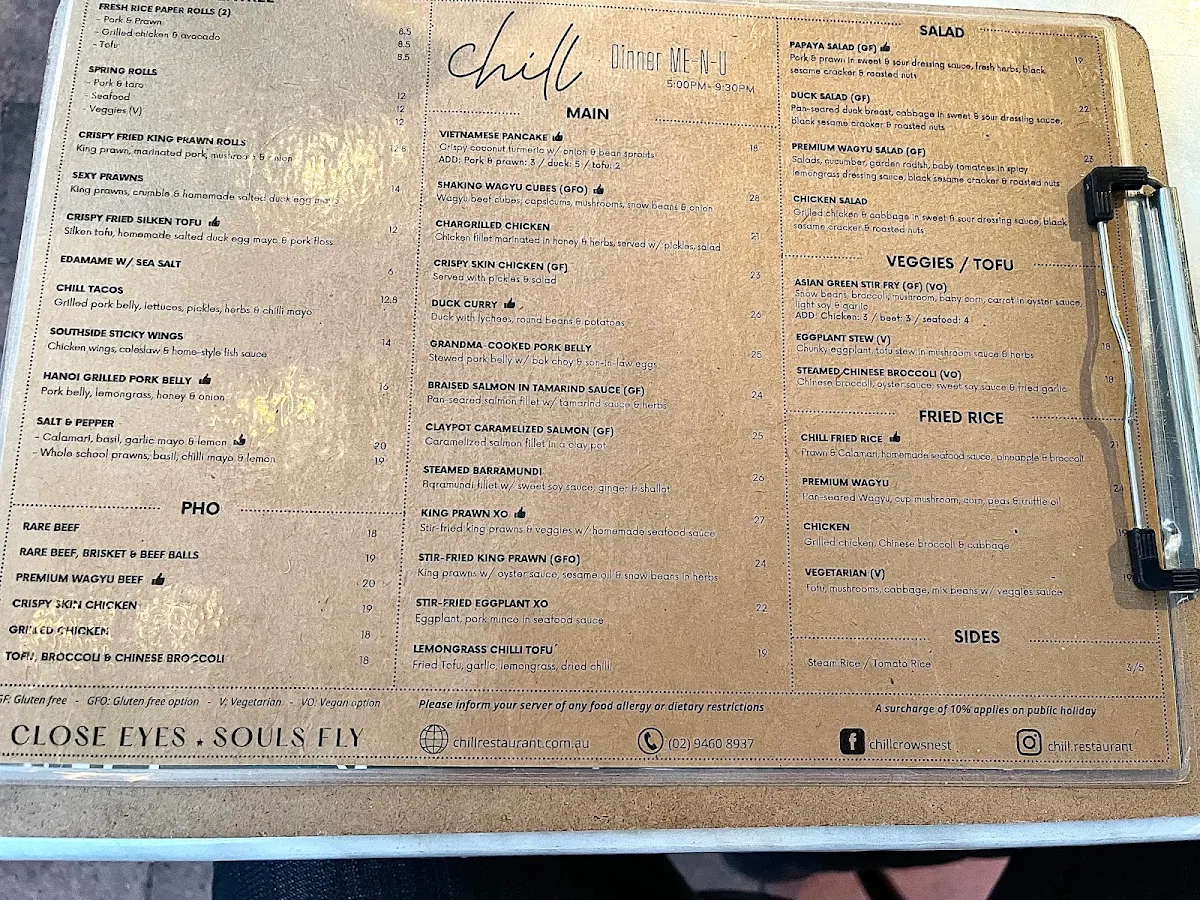 Menu, Chill Restaurant Crows Nest