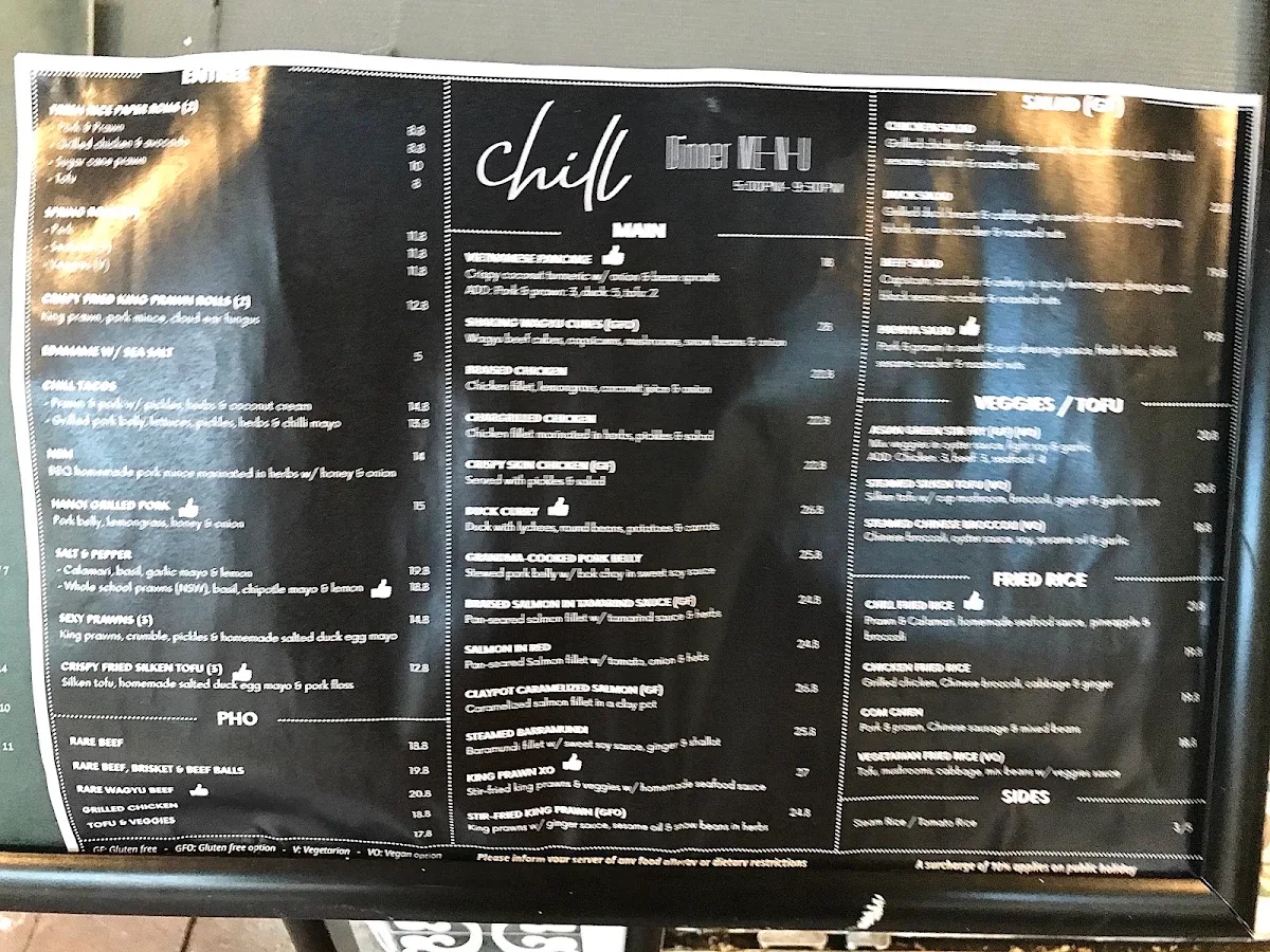 Menu, Chill Restaurant Crows Nest