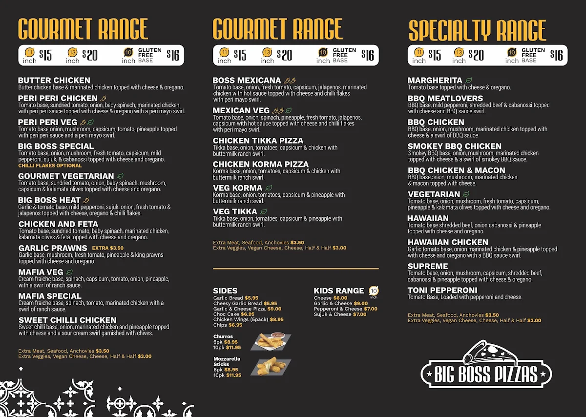 Menu, Big Boss Pizzas
