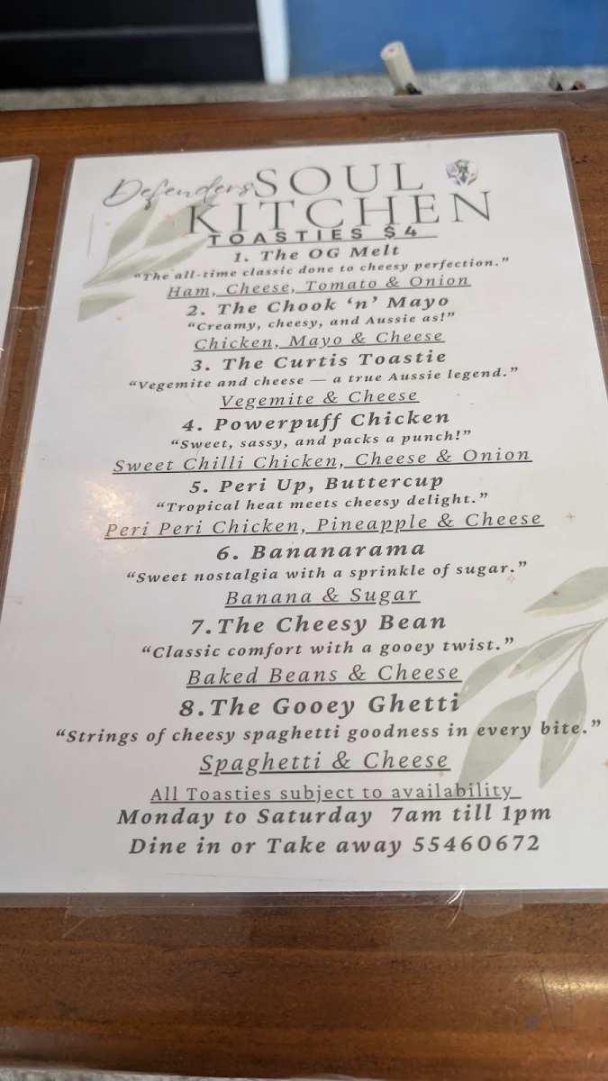 Menu, Defenders Soul Kitchen