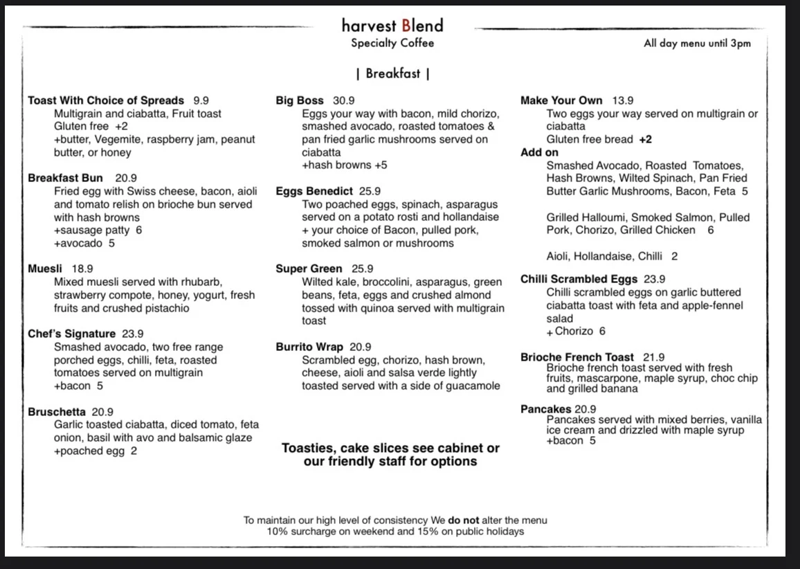 Menu, Harvest Blend