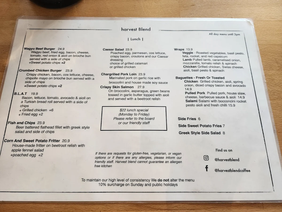 Menu, Harvest Blend