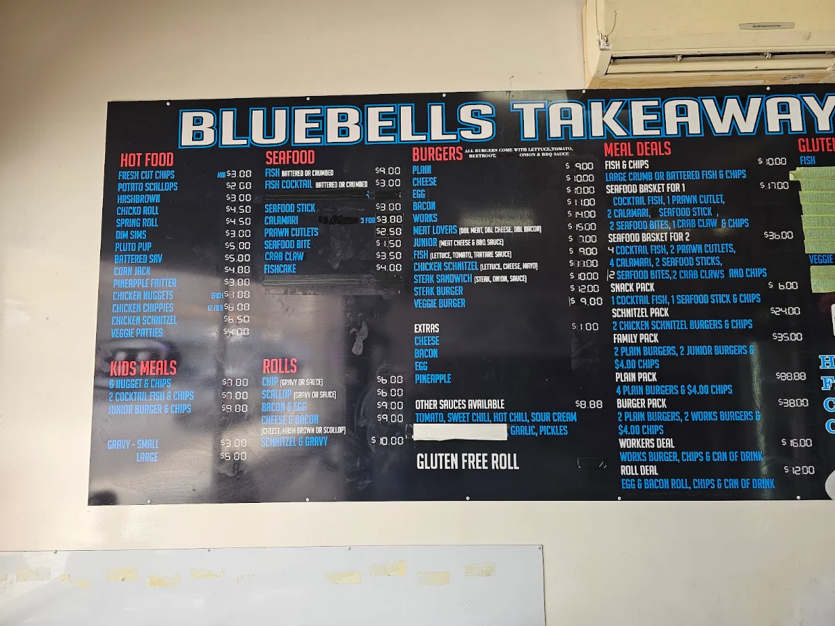 Menu, Blue Bells Takeaway