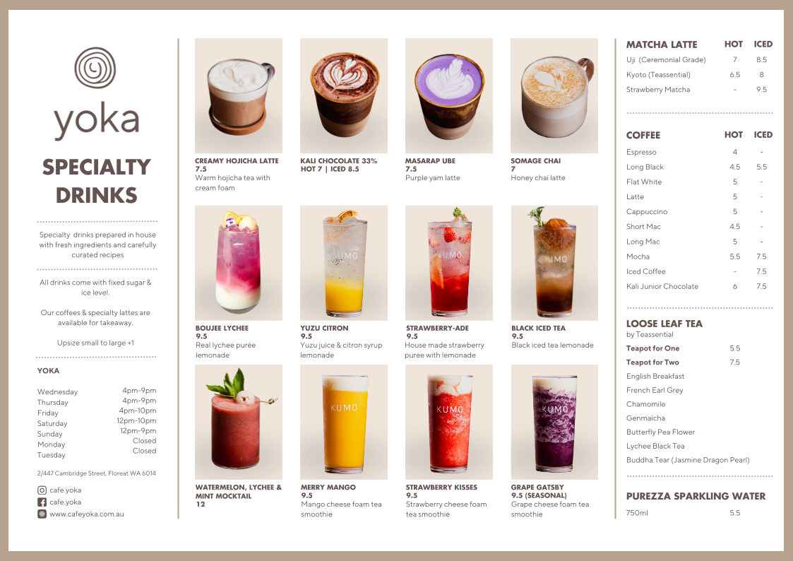 Menu, Cafe Yoka