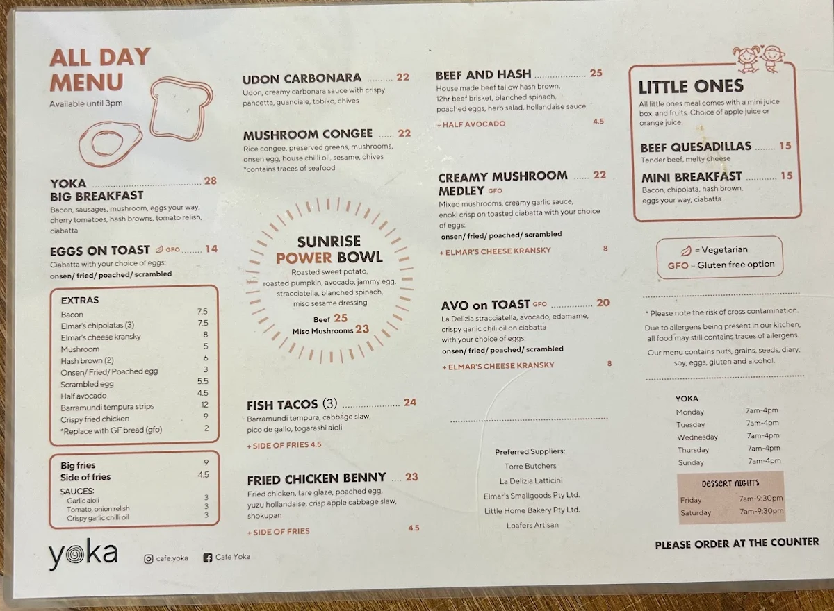 Menu, Cafe Yoka