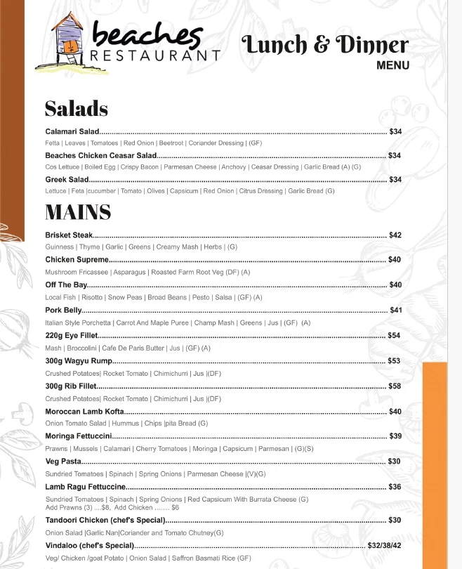 Menu, Beaches Restaurant
