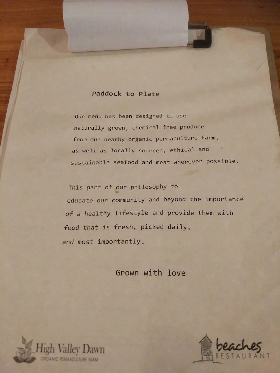 Menu, Beaches Restaurant