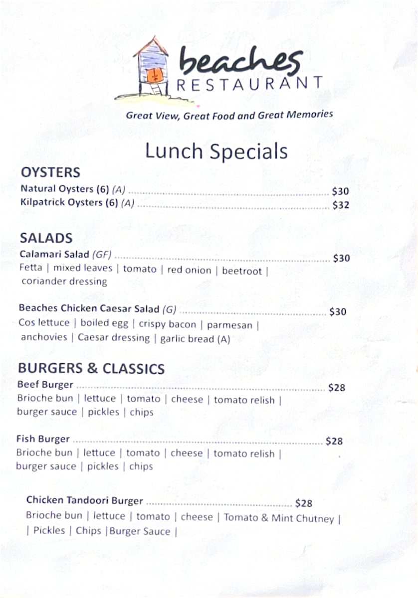 Menu, Beaches Restaurant