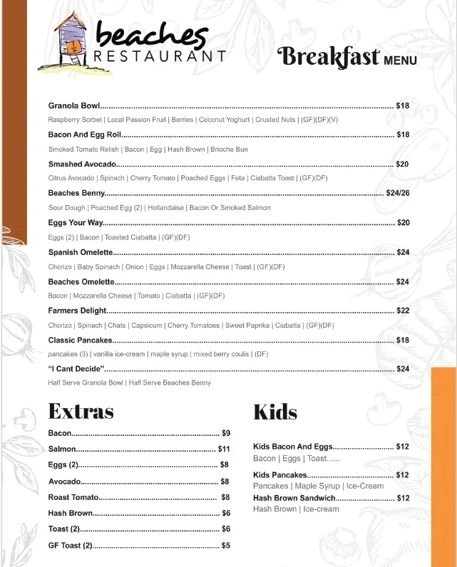 Menu, Beaches Restaurant