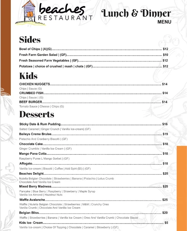 Menu, Beaches Restaurant