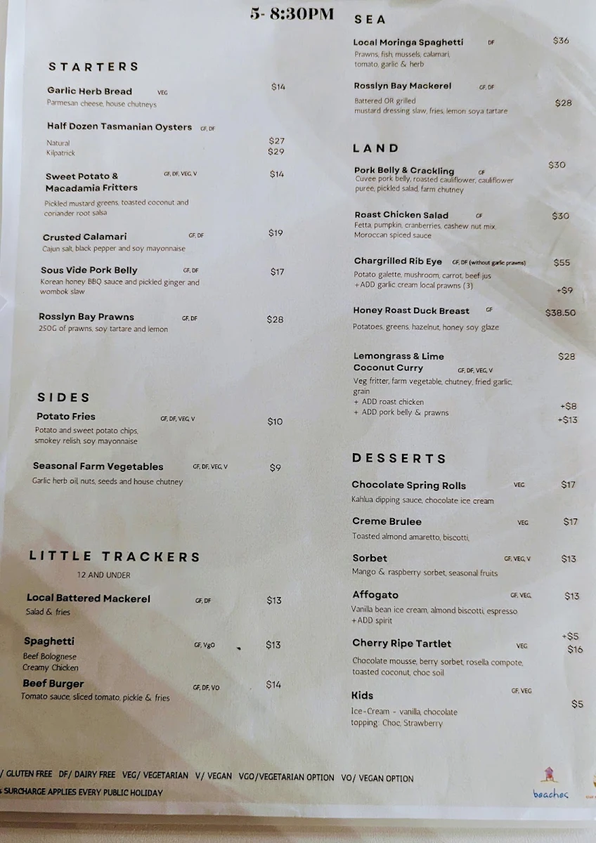 Menu, Beaches Restaurant