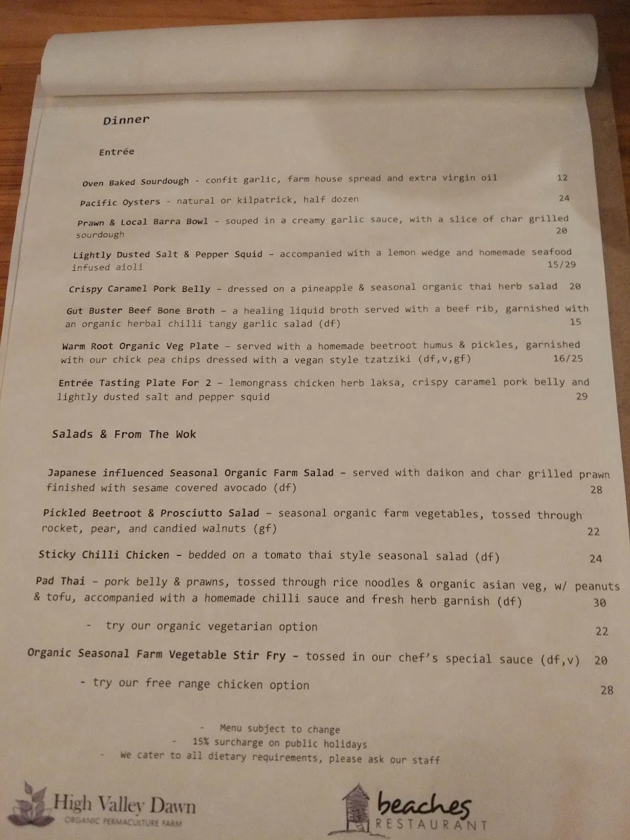 Menu, Beaches Restaurant