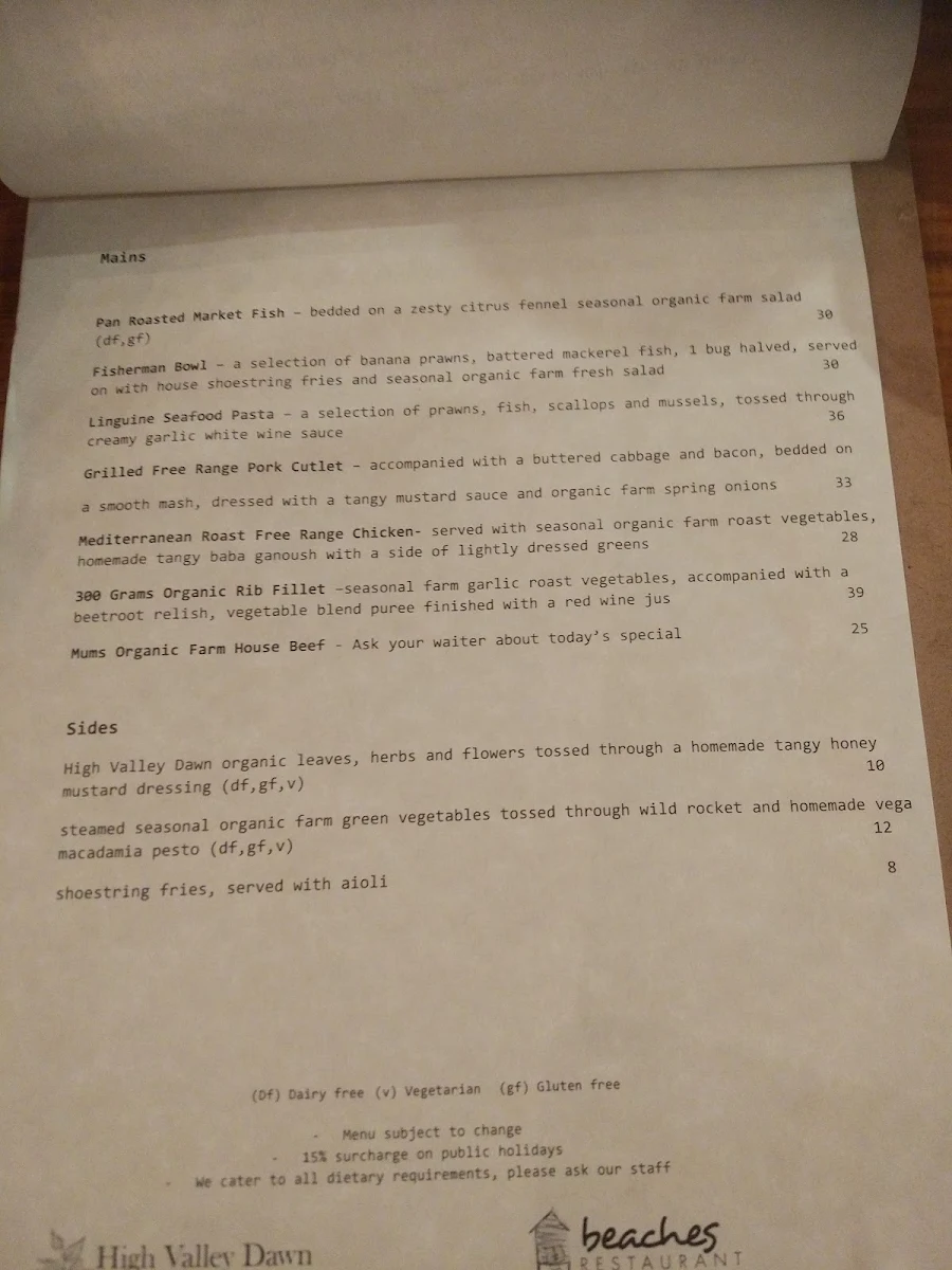 Menu, Beaches Restaurant