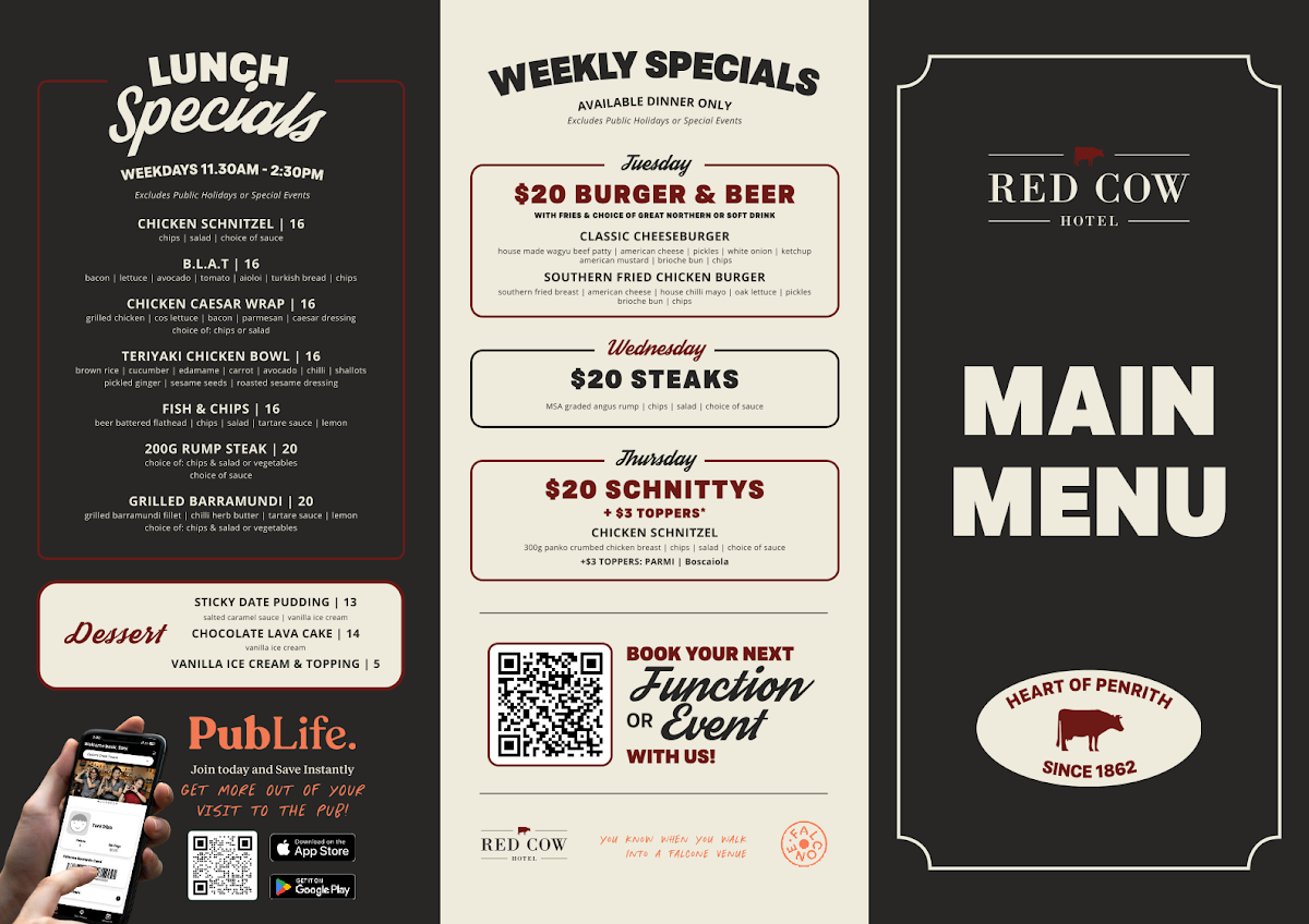 Menu, Red Cow Hotel