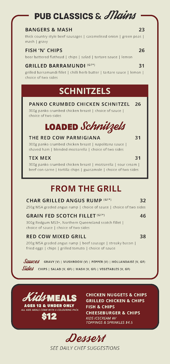 Menu, Red Cow Hotel