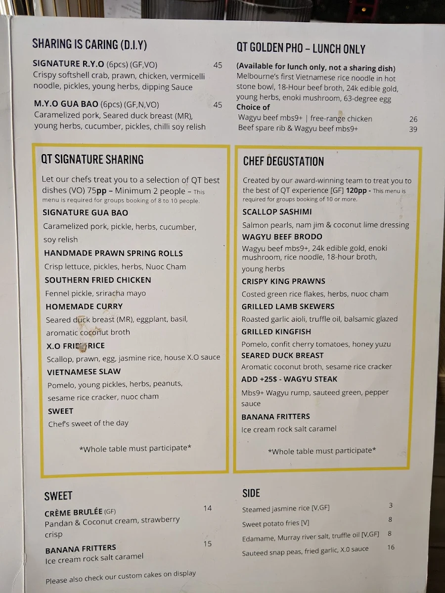 Menu, QT Kitchen