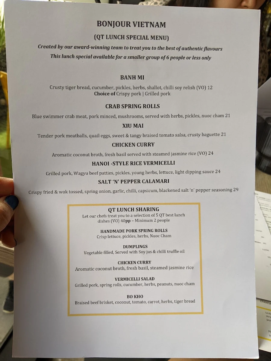 Menu, QT Kitchen