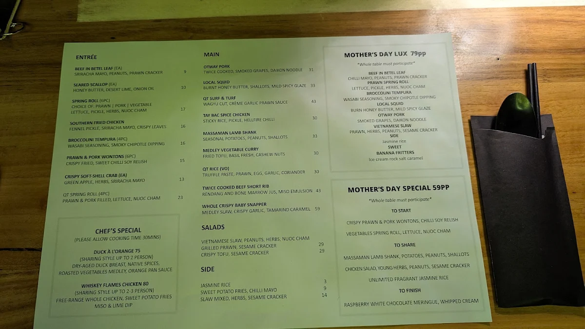 Menu, QT Kitchen