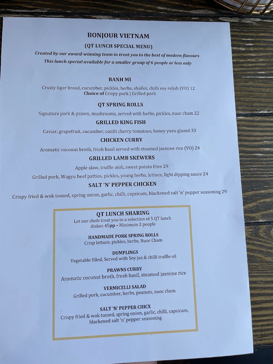Menu, QT Kitchen