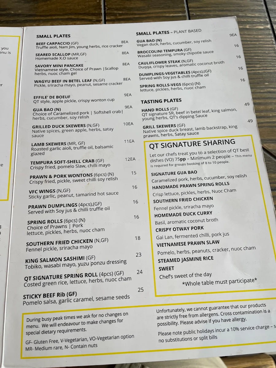 Menu, QT Kitchen