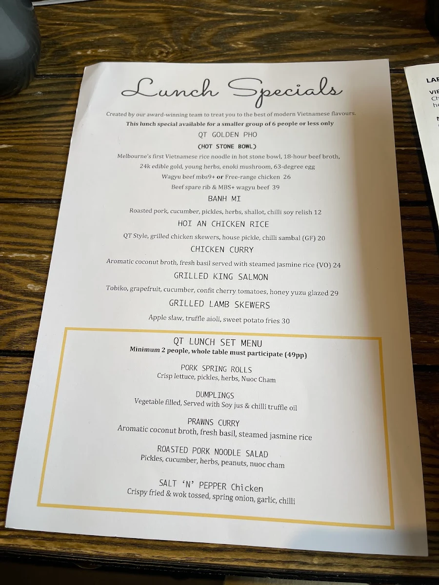 Menu, QT Kitchen