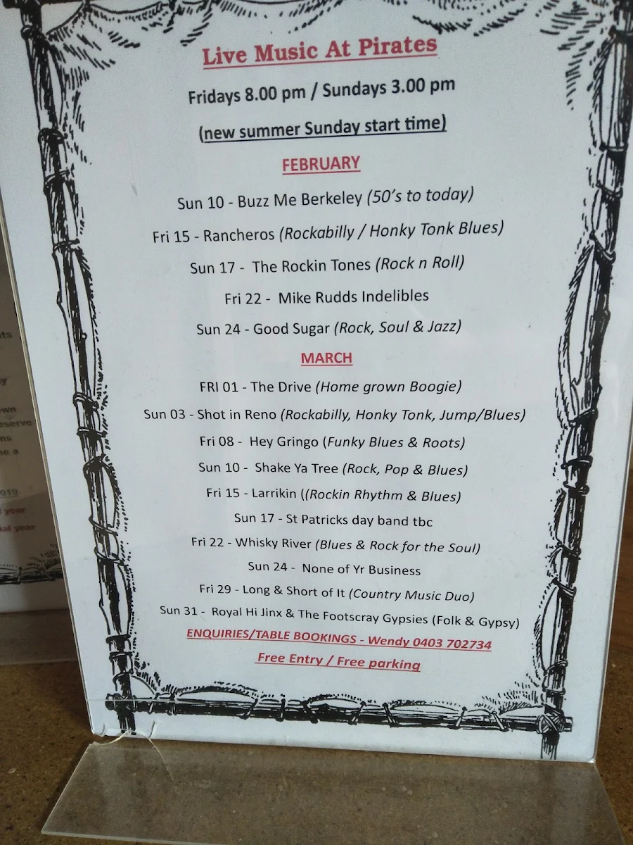 Menu, Pirates Tavern