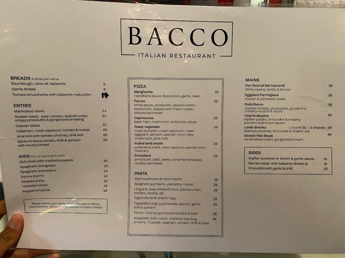 Menu, Bacco Italian Restaurant