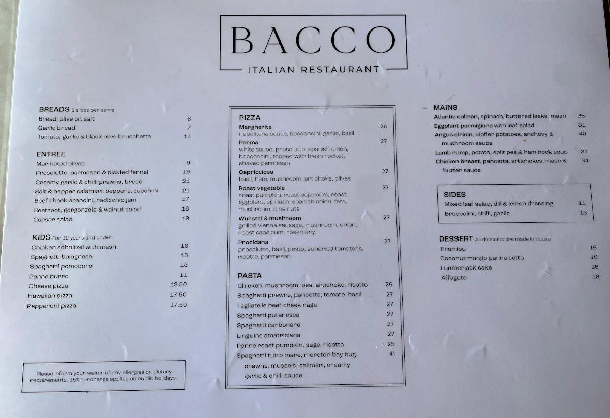 Menu, Bacco Italian Restaurant