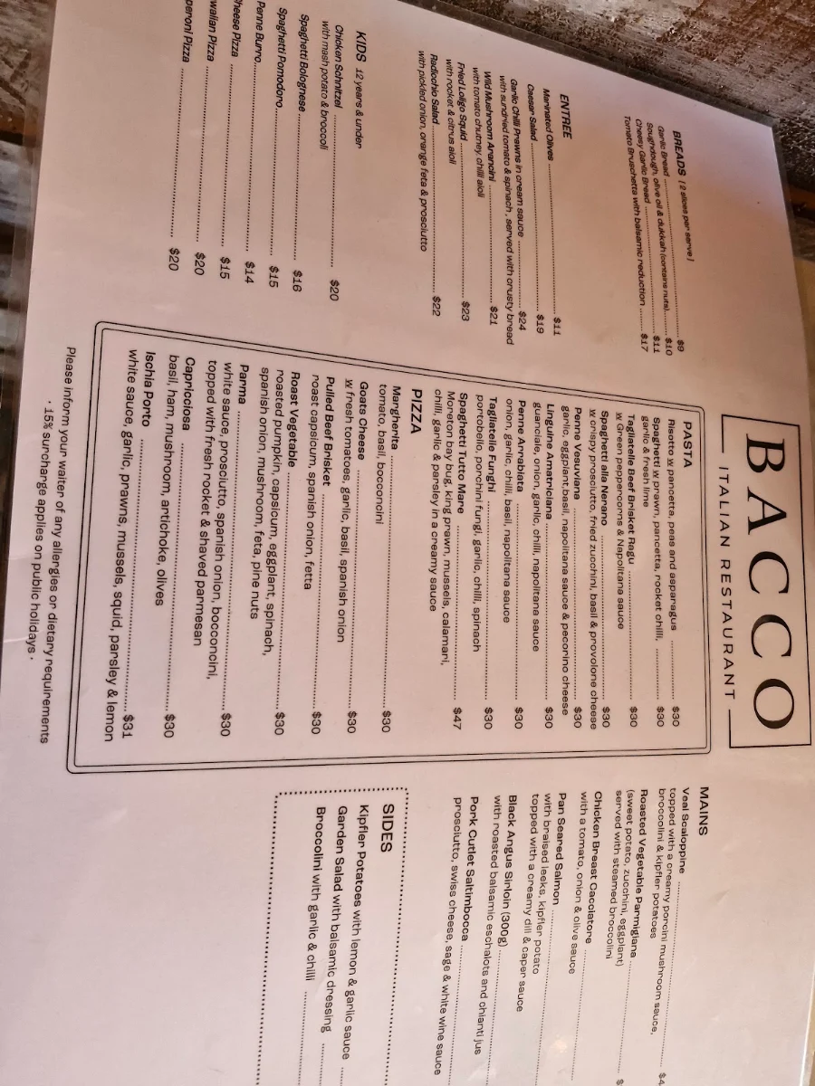 Menu, Bacco Italian Restaurant