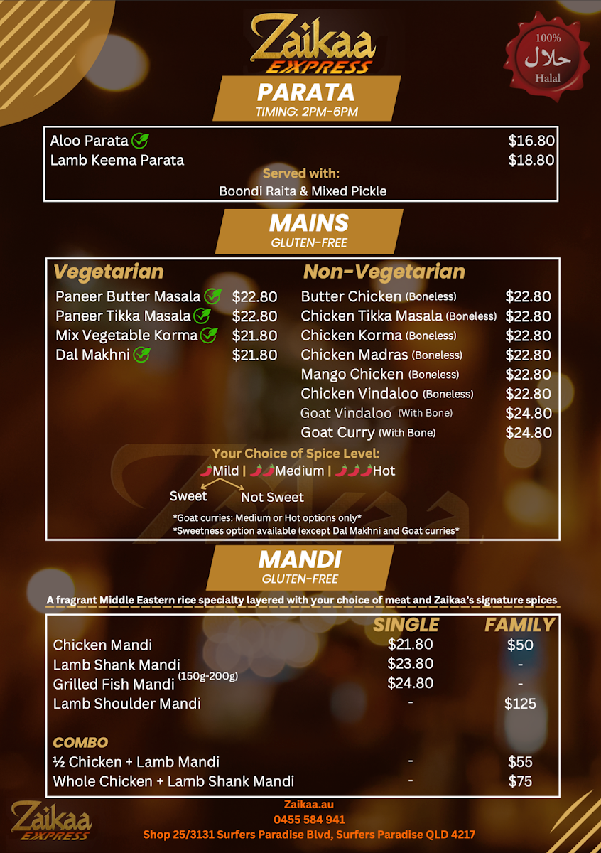 Menu, Zaikaa Exxpress - Indian and Arabic