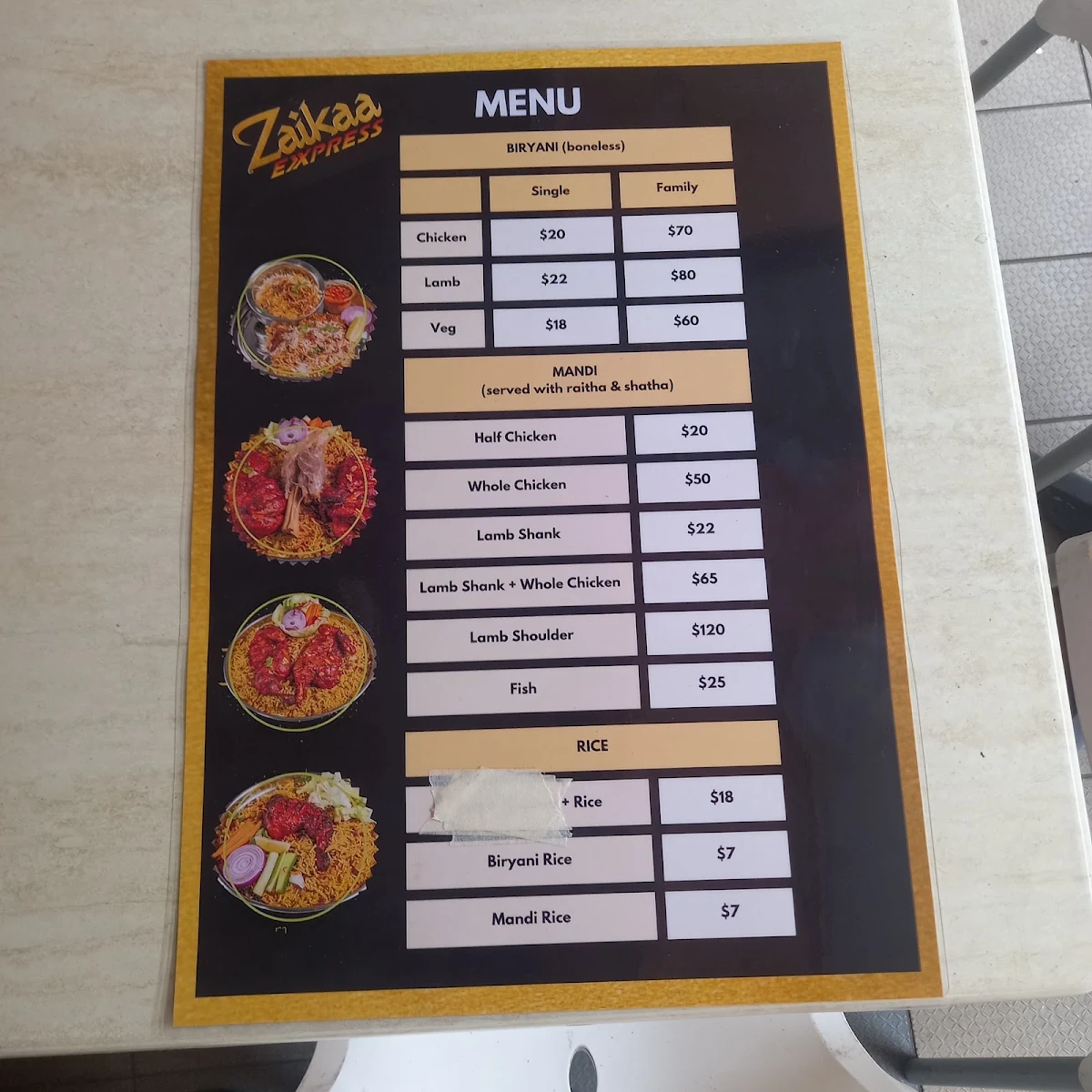 Menu, Zaikaa Exxpress - Indian and Arabic