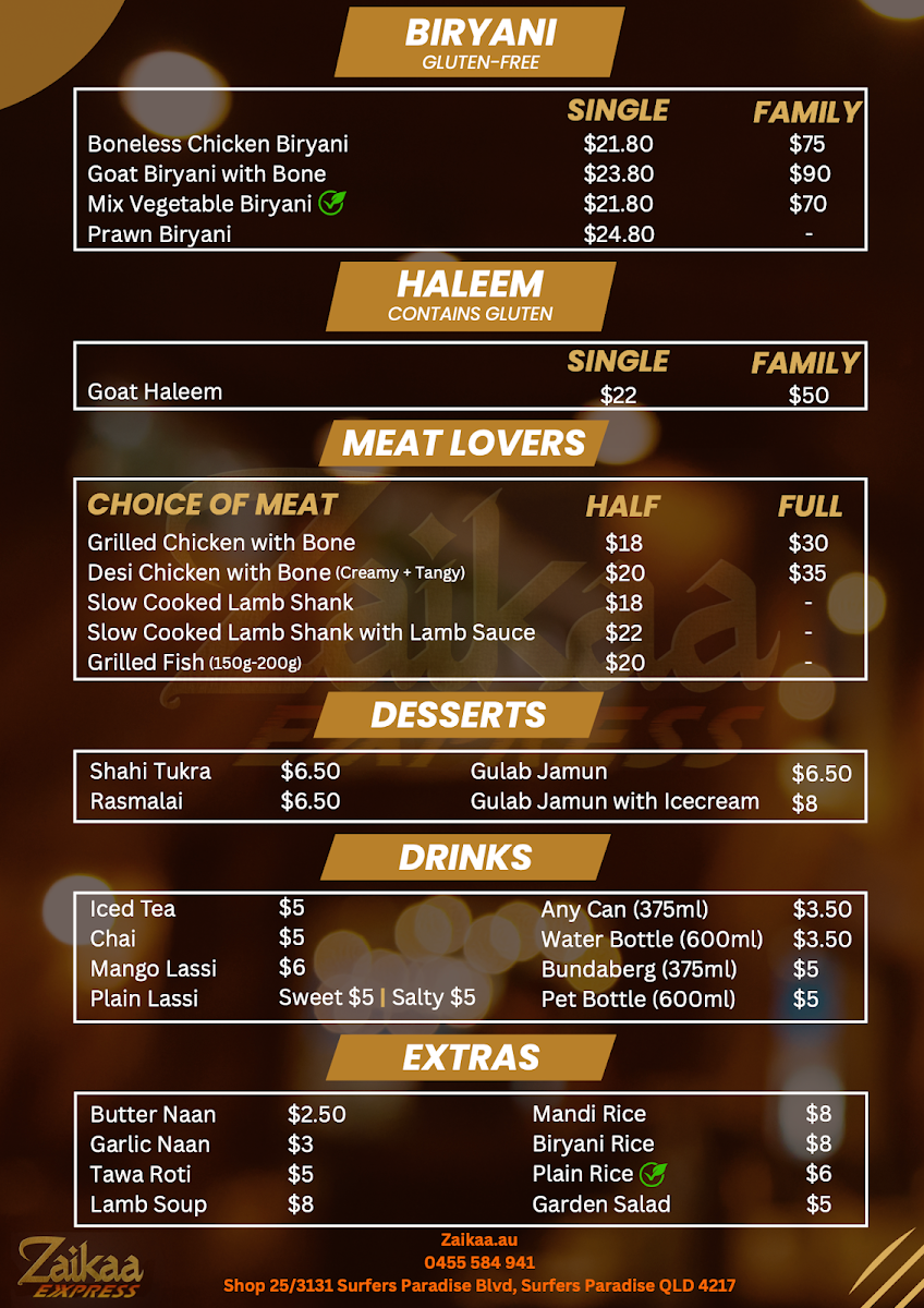 Menu, Zaikaa Exxpress - Indian and Arabic