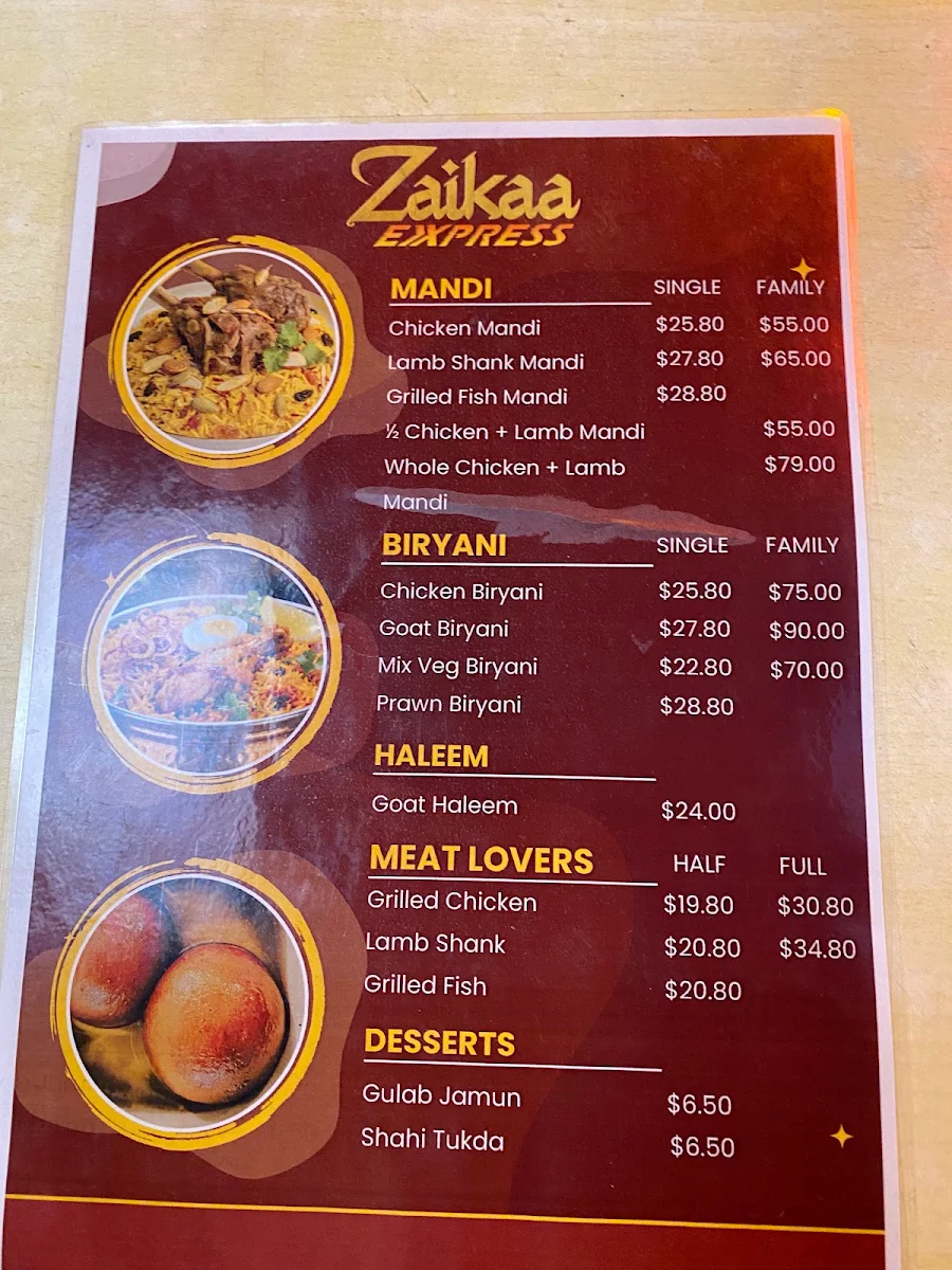 Menu, Zaikaa Exxpress - Indian and Arabic